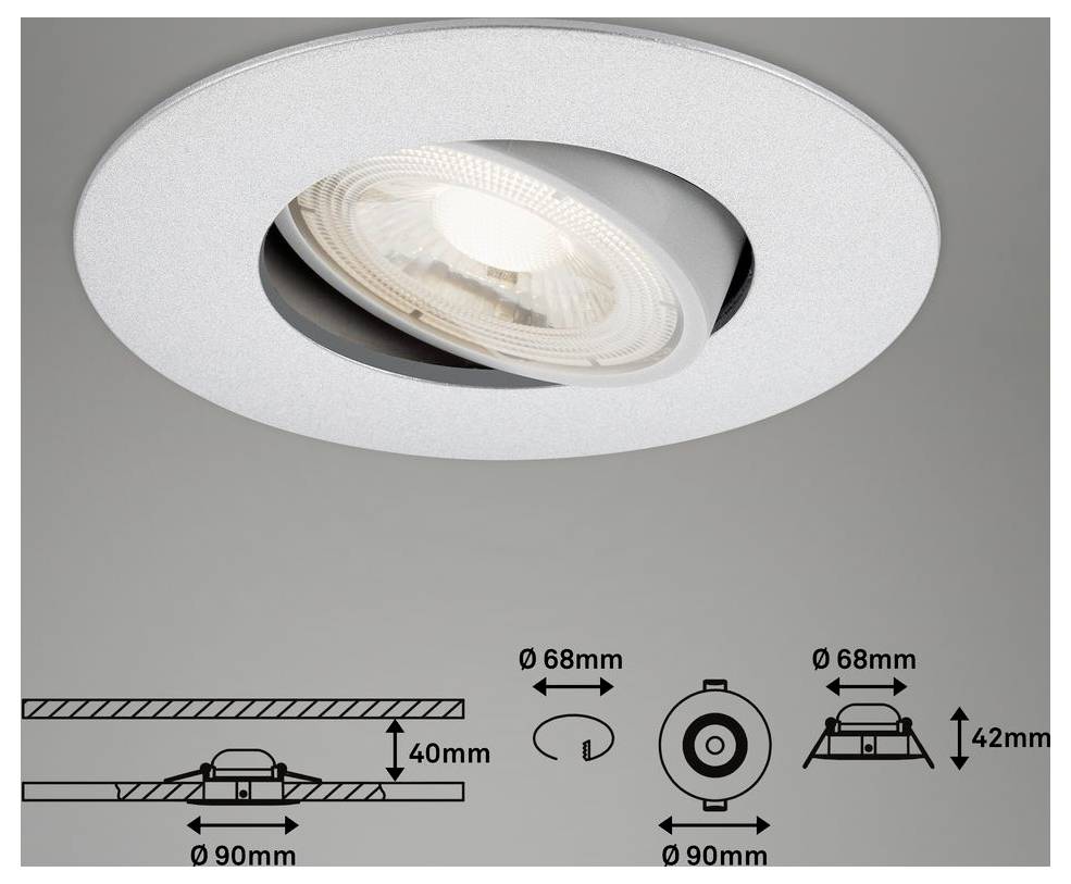 Ugradbena stropna spot lampa s nagibnom lampom; tehnički dijagram prikazuje isrez od 68 mm, vanjski promjer od 90 mm i dubine od 40/42 mm.