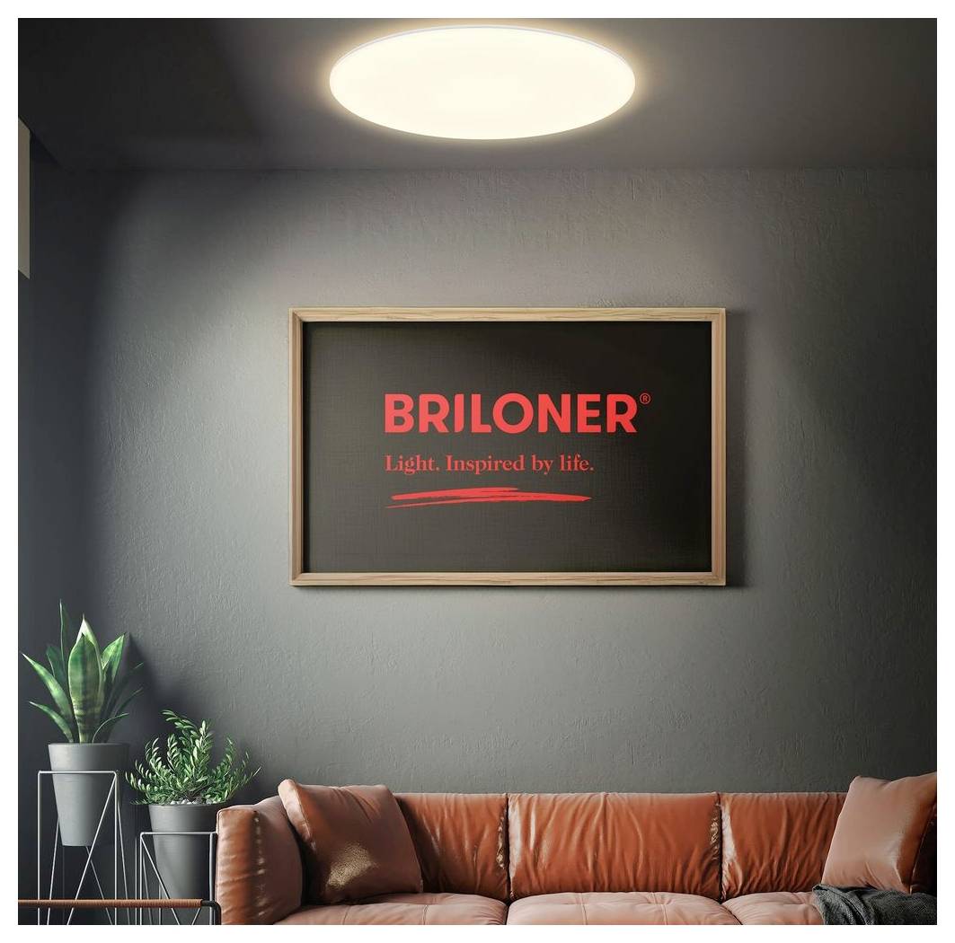 Interijerski zidni prikaz s logotipom BRILONER-a i sloganom 'Svjetlo. Inspiracija iz životne stvarnosti.' iznad kožnog sofe i potencijskog bilja ispod stropne lampe.
