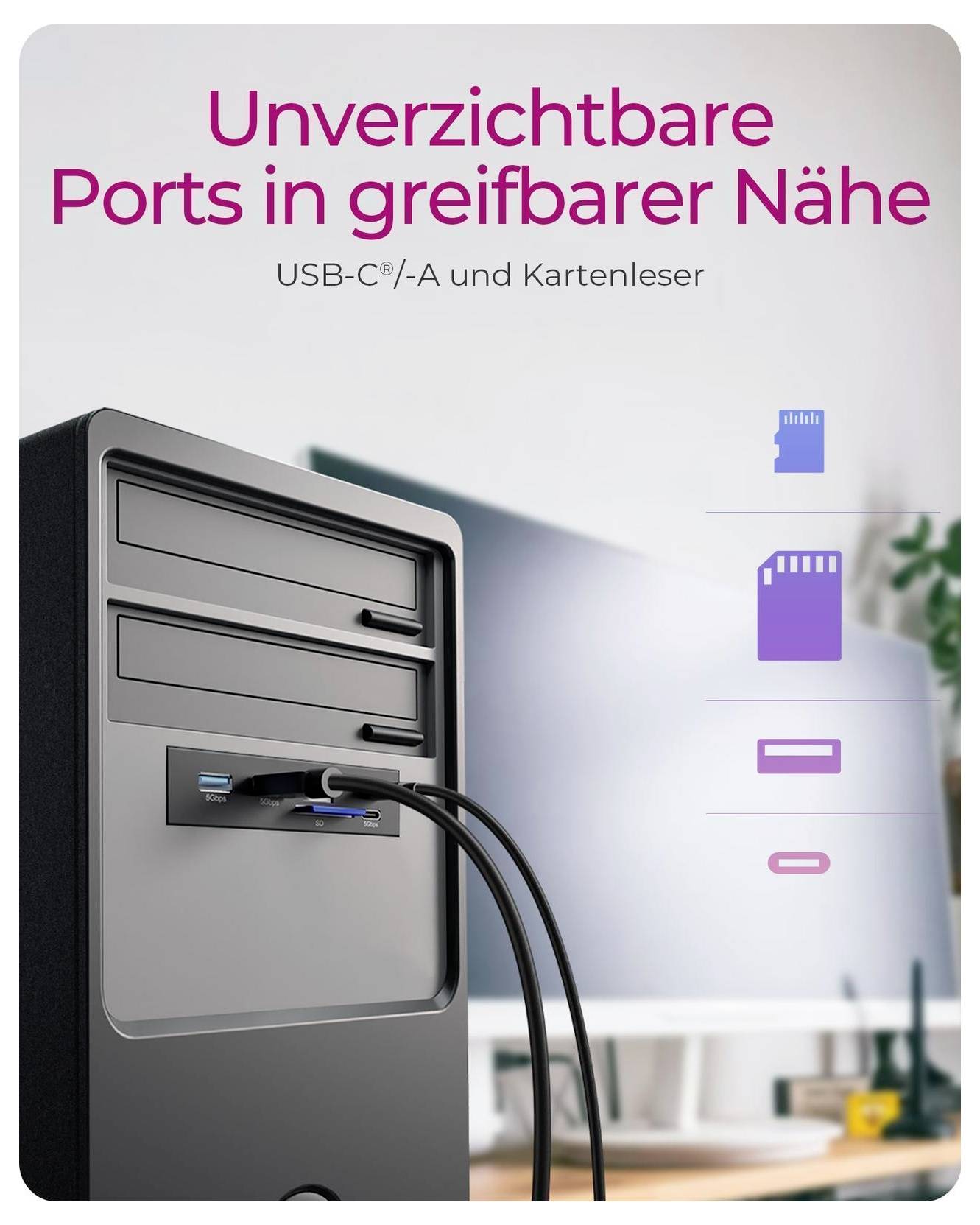 Primer plan prednje ploče desktop računala sa skrivenim USB-C, USB-A i čitačem kartica portovima u dostupnom prednjem pretincu.