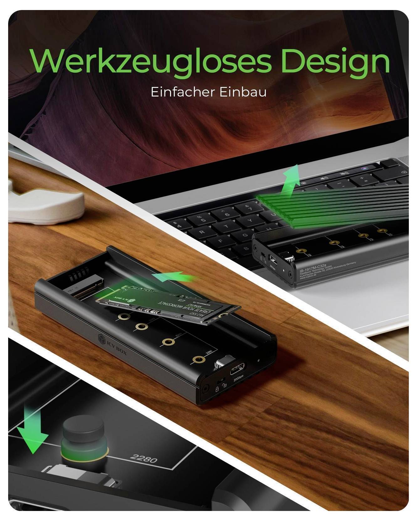 Promotivna slika alata bez SSD kućišta za instalaciju, označena s 'Dizajn bez alata' i 'Jednostavna montaža', prikazujući korake umetanja pogona sa strelicama.