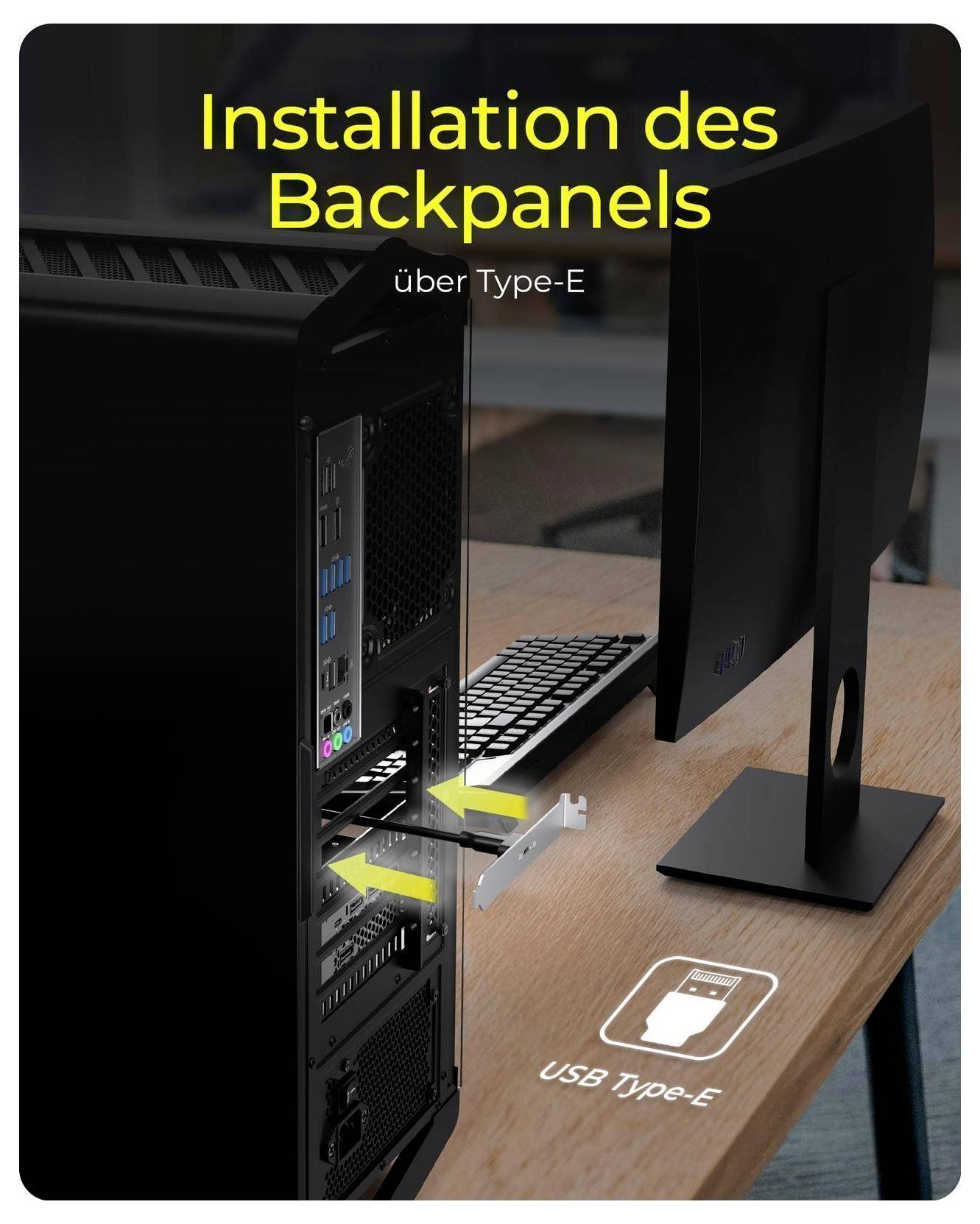 Plakat koji prikazuje kako instalirati stražnje panele na PC kućište preko Type-E priključka, sa strelicama koje pokazuju na stražnje područje matične ploče/USB Type-E priključka.