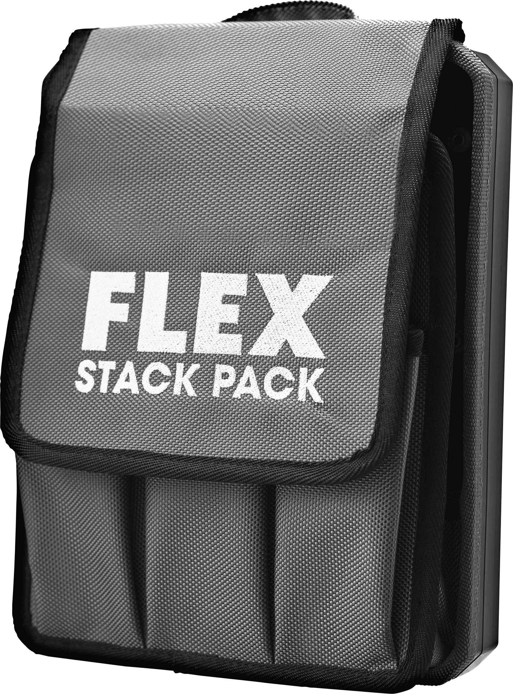 Siva torbica za alate 'FLEX STACK PACK' s prekloapom i prednjim džepovima, prikazana na neutralnoj bijeloj podlozi.