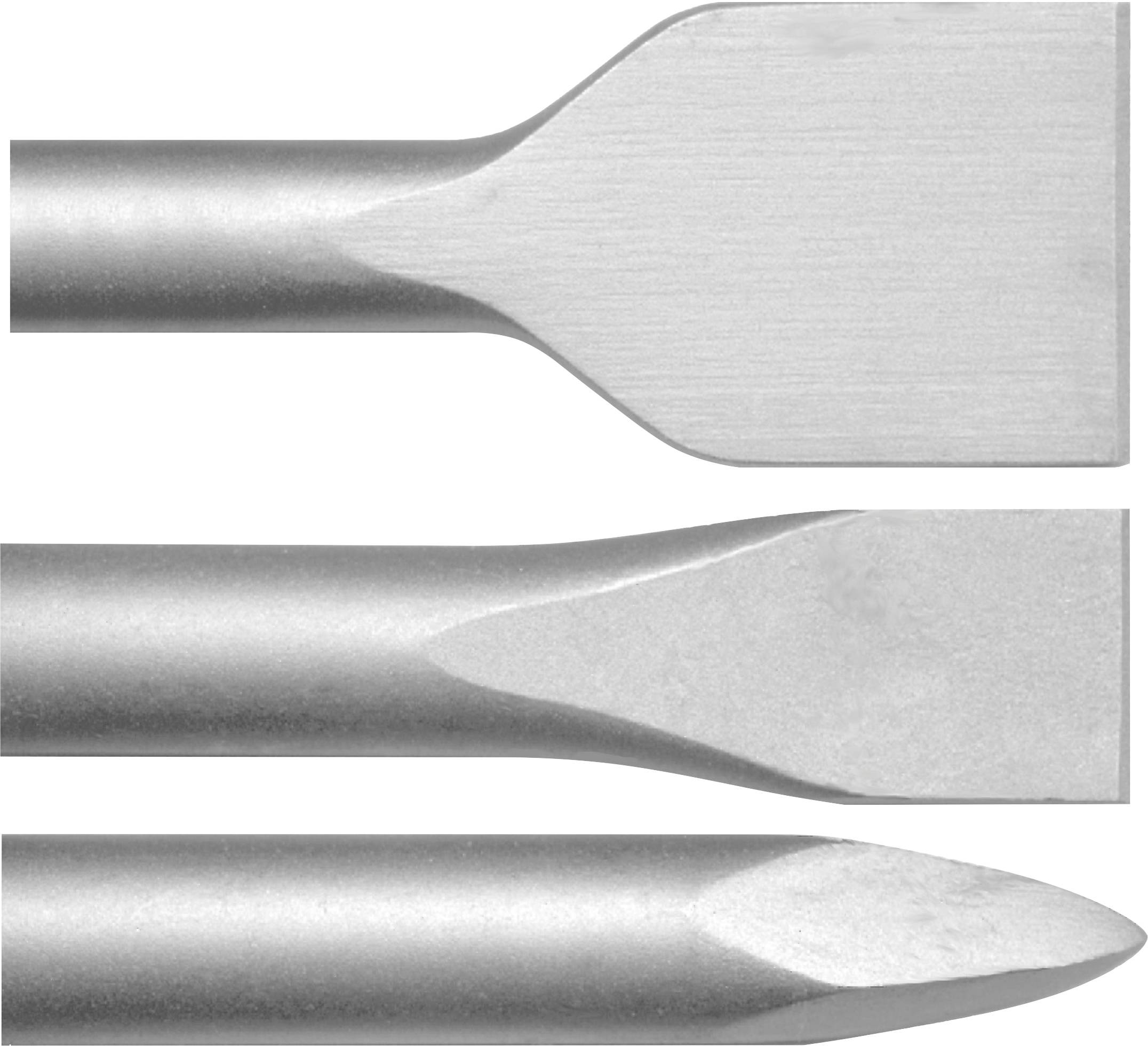 Tri metal bušača dlijeta prikazana vodoravno, uspoređujući ravne, uglate i oštro šiljaste rezne vrhove.