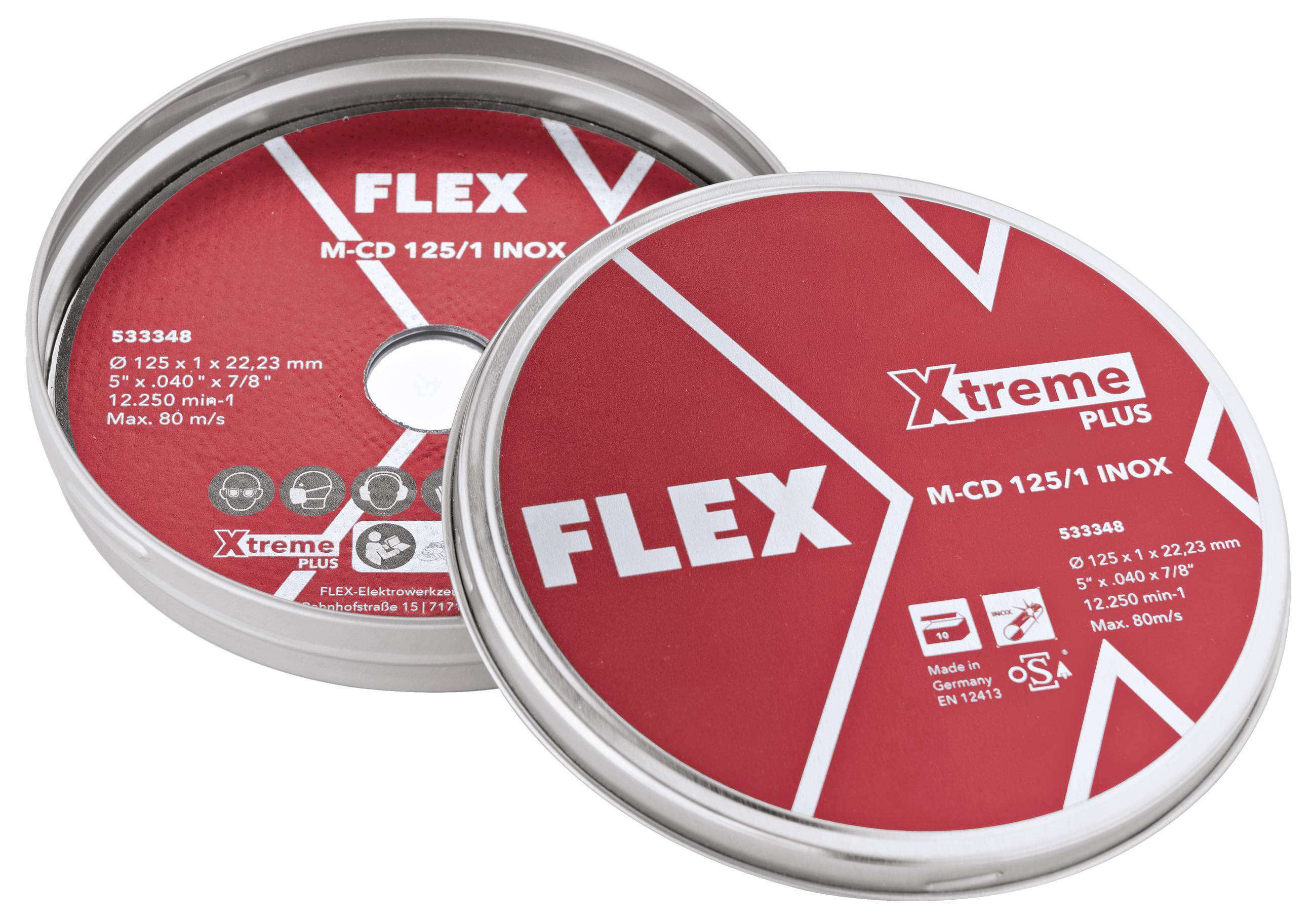 Dva crvena FLEX Xtreme Plus M-CD 125/1 INOX diska za rezanje metala sa srebrnim rubovima, prikazana preklapajući se na bijeloj pozadini.