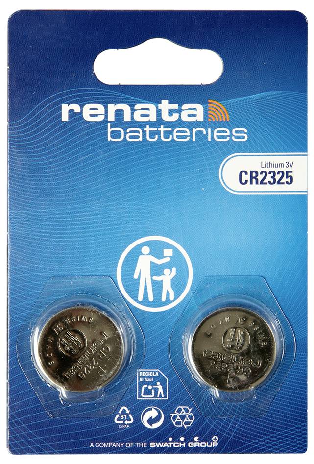 Renata Batteries blister paket za 3V litijske CR2325 kružne baterije, s prikazom dvije baterije i ikone sigurnosti djece.