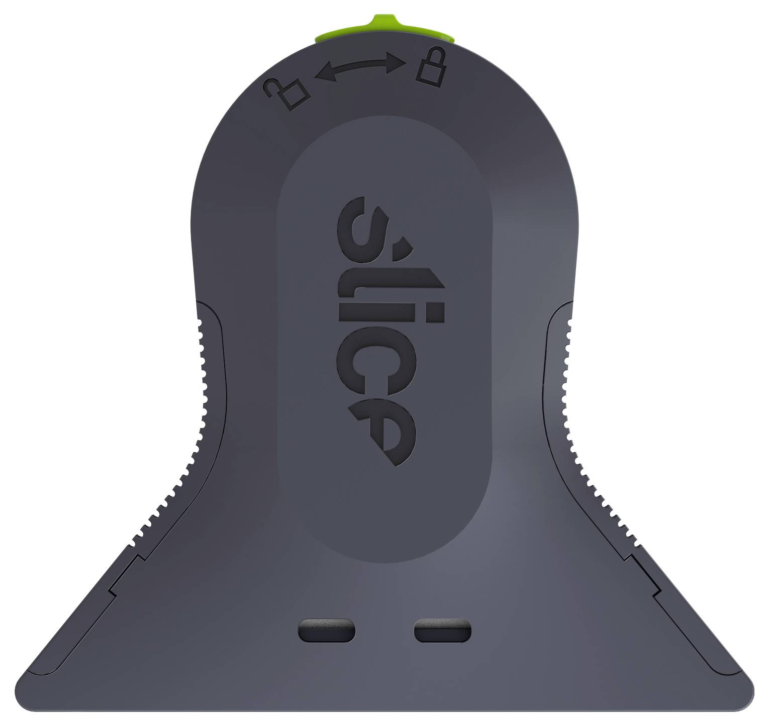 Tamno siva USB-C priključna stanica s zelenom akcentom na vrhu, bočnim rebrima za hvatanje i 'sliCC' brendiranjem na prednjoj strani.