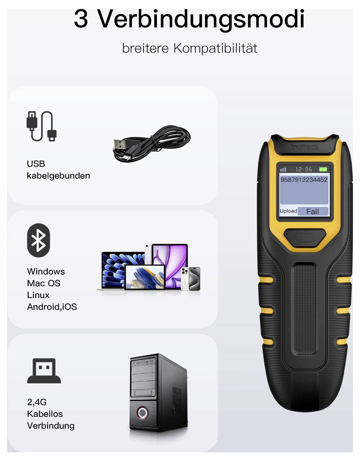 Grafika koja prikazuje 3 moda povezivanja za ručni uređaj: USB kabel, Bluetooth za Windows/Mac/Linux/Android/iOS, i bežičnu 2.4G konekciju.