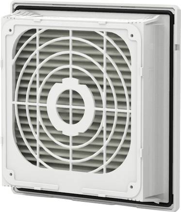 Bijeli kvadratni ventilacijski ventilator ili filter za prečišćivač zraka sa koncentričnom mrežom, prikazan detaljno na svjetloj podlozi.