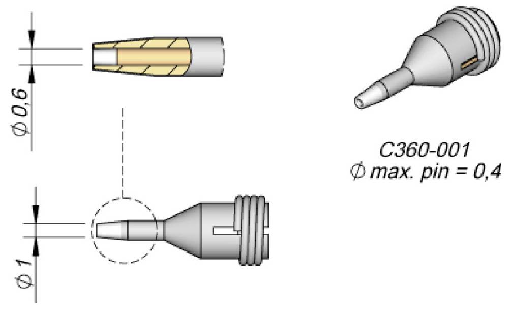 Tehnički dijagram malog konektora s pinskom vezom s dimenzijama: 0,6 mm promjera i 0,4 mm maksimalne pinske duljine, označen s C360-001.