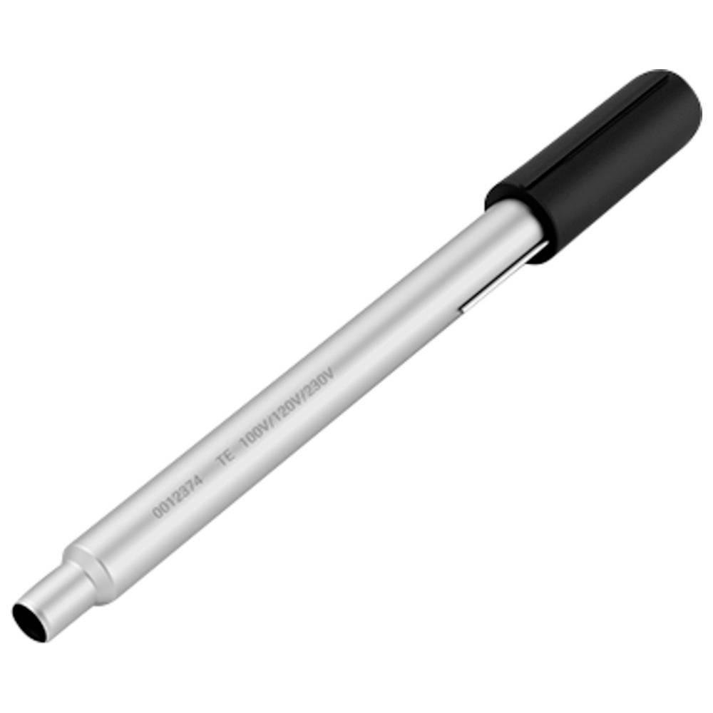 Srebrna cilindrična metalna cijev ili marker sa crnom kapom, prikazana dijagonalno na bijeloj pozadini.