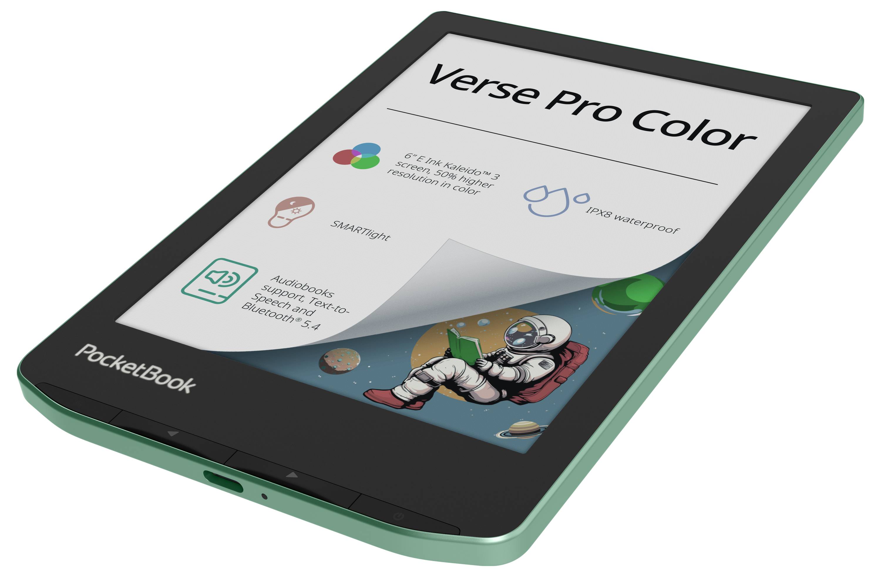 PocketBook Verse Pro Color e-čitač prikazan pod kutom, prikazujući njegov farbni zaslon sa ikonama aplikacija i značajki.