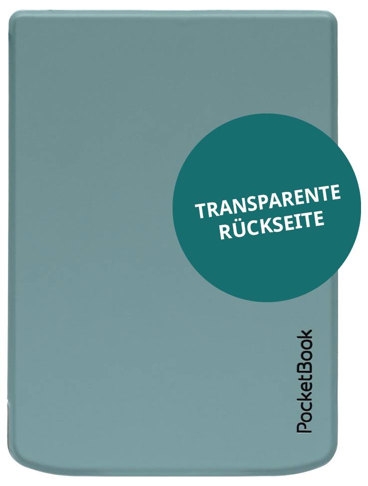 Tirkizna korica za e-čitač PocketBook s kružnom naljepnicom na kojoj piše 'TRANSPARENTE RÜCKSEITE' i 'PocketBook' u donjem desnom kutu.
