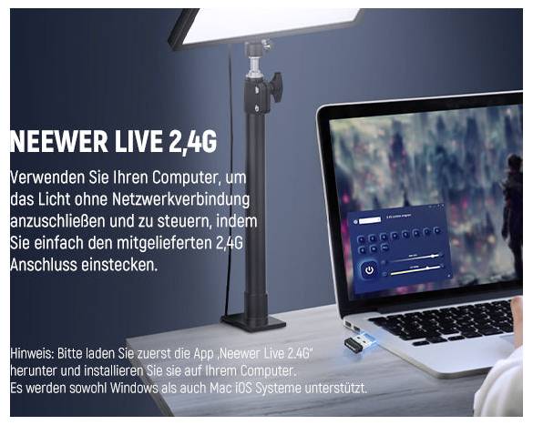 Promocijska slika koja prikazuje Neewer Live 2.4G LED sustav svetla kontroliran s laptopa putem USB dongla, s njemačkim uputama o bežičnoj kontroli temeljnoj na računalu.