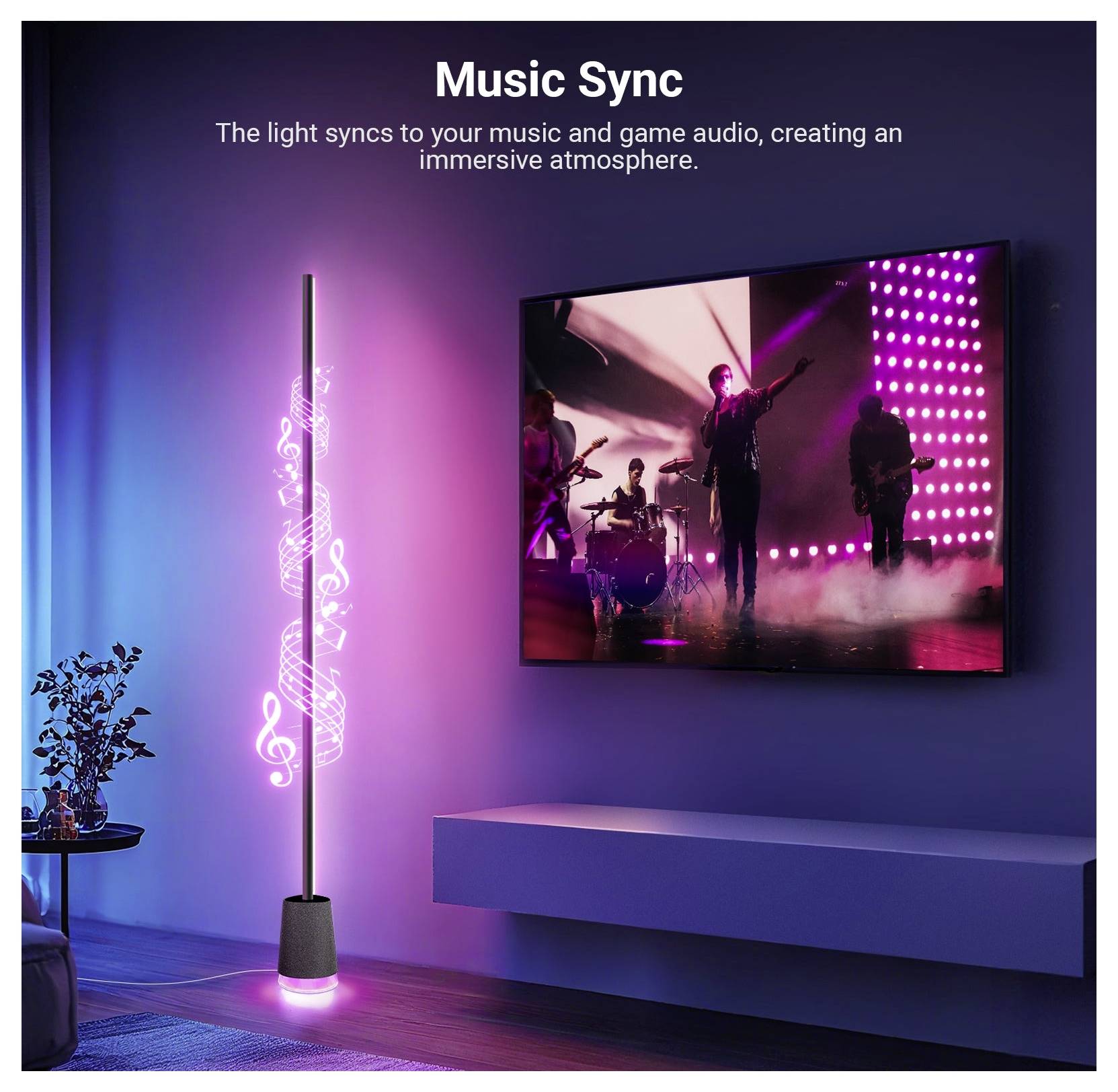 Promotivna slika boje koja se mijenja Music Sync svjetla pored televizora koja prikazuje uživo koncert, s tekstom koji kaže da se svjetlo sinkronizira s glazbom i audio sadržajem igara za stvaranje imerzivne atmosfere.