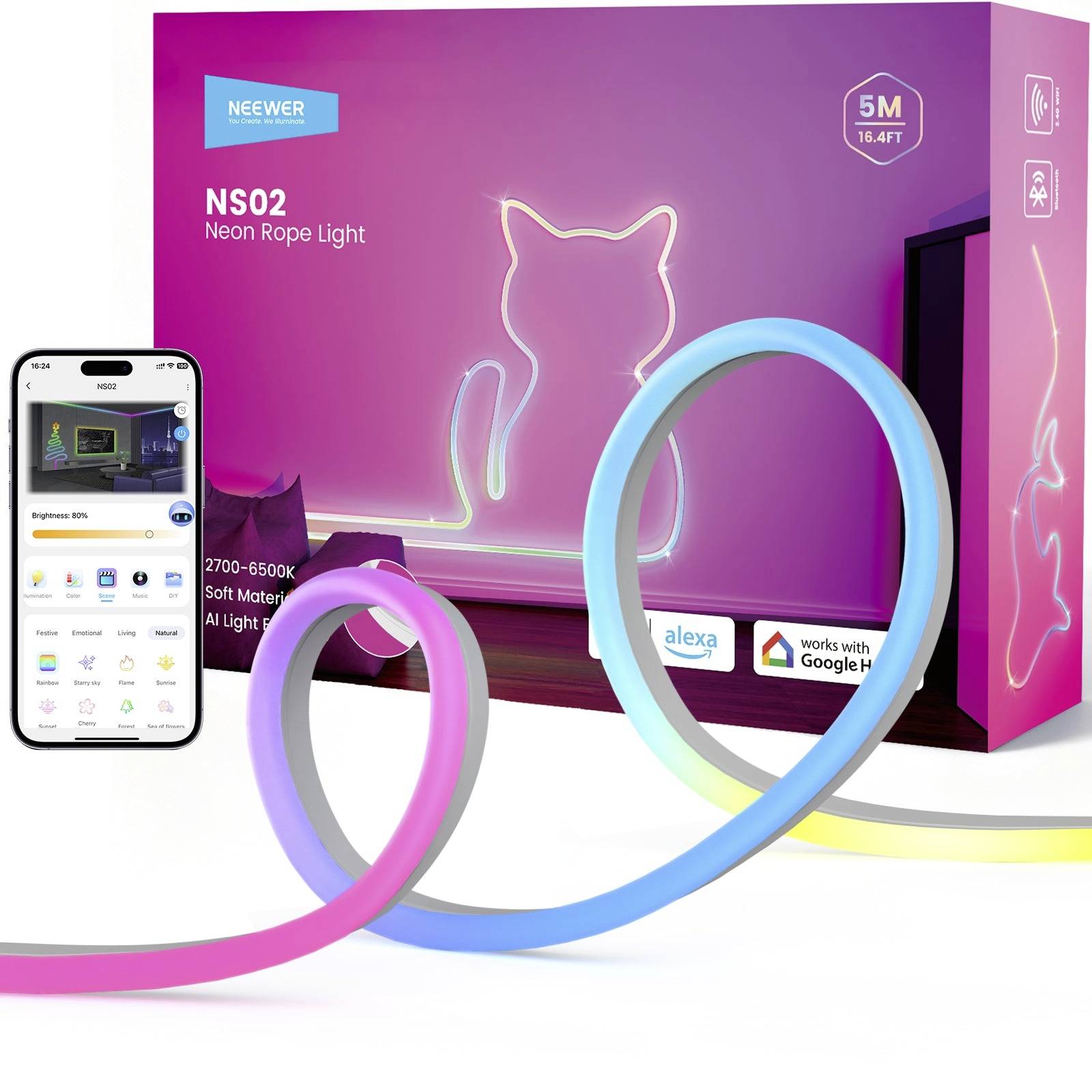 Neewer NS02-5 10107266 LED-strip basisset Energielabel: G (A - G) Met connector (male) 24 V 5000 mm RGBICW 1 stuk(s)