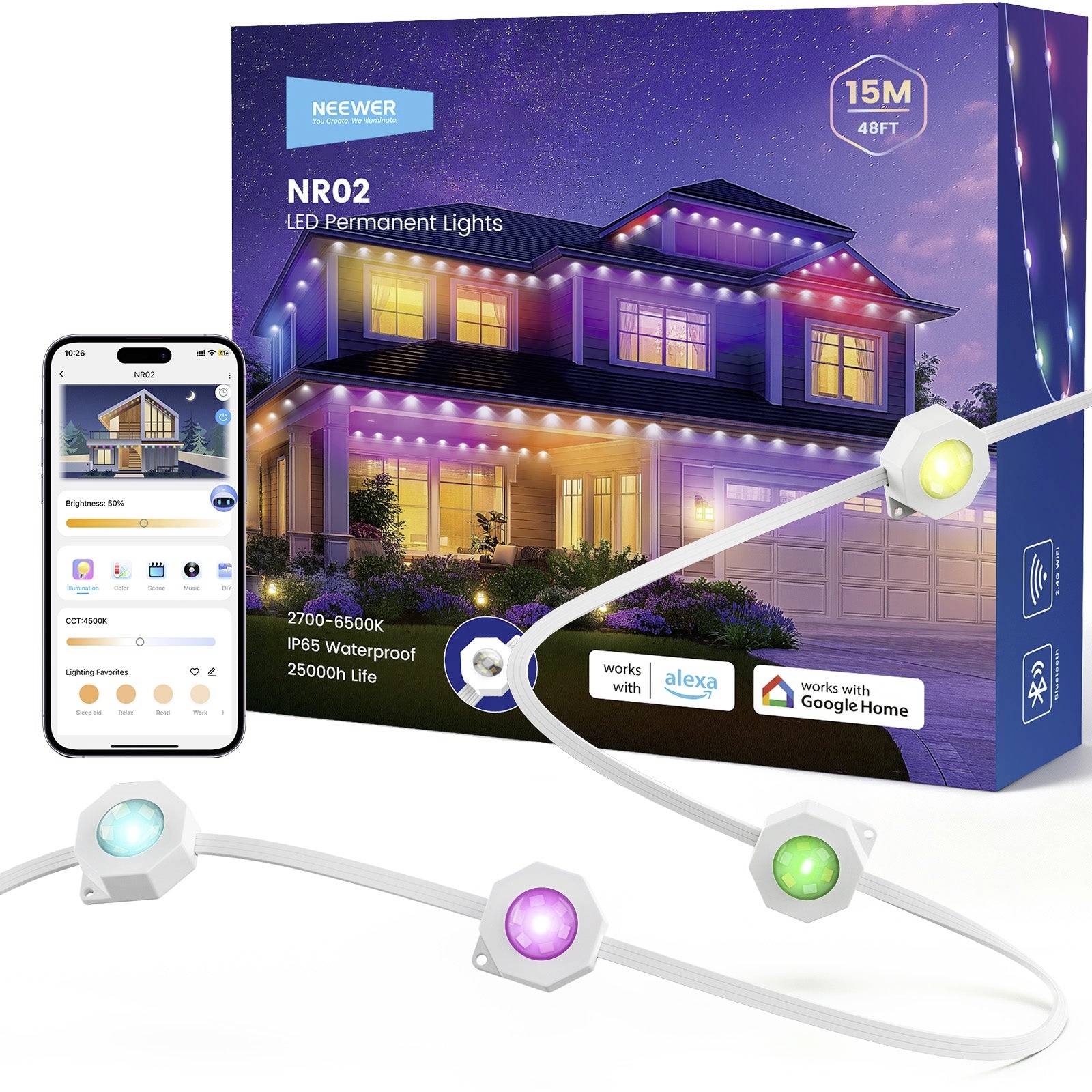 Neewer NR02-15 10107267 LED-strip basisset Energielabel: F (A - G) Met connector (male) 28 V 15 m RGBICW 1 stuk(s)
