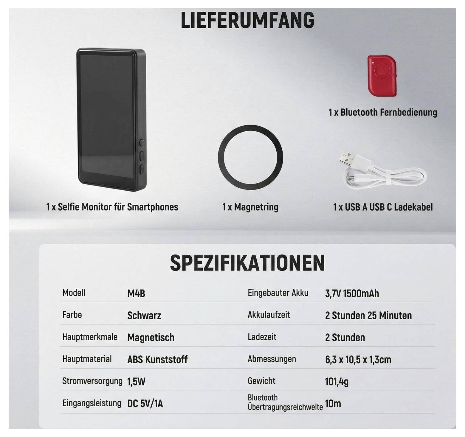 Sadržaj paketa i specifikacije za pametni monitor za selfije mobilnog telefona: monitor, magnetni prsten, Bluetooth daljinski upravljač, USB kabel; 3,7V 1500mAh baterija, 2,5h vremena rada, domet od 10m.