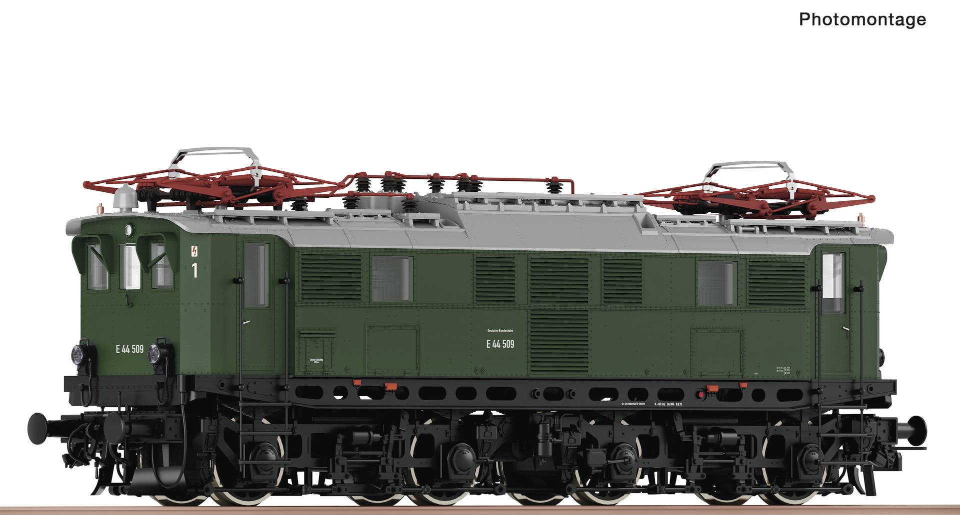 Fotomontaža zelene električne lokomotive s crvenom opremom na krovu, prikazana u bočnom pogledu na bijeloj pozadini.