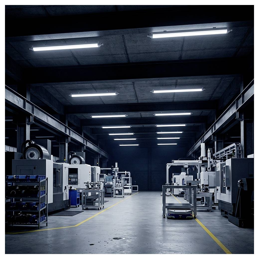 Prazna industrijska proizvodna hala s redovima automatiziranih strojeva i radnih stanica ispod sjajnih nadzemnih reflektora, gledan niz centralnu prolaz.
