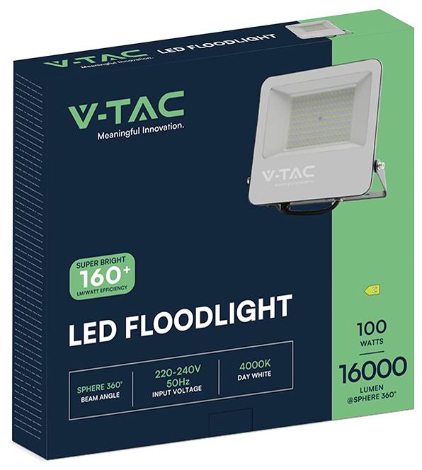 VTAC LED reflektorska svjetiljka na pakiranju s 100-vatnom, 16.000-lumenske LED reflektorske svjetiljke, 4000K dnevna svjetlost, 220–240V, kut zraka od 360°.