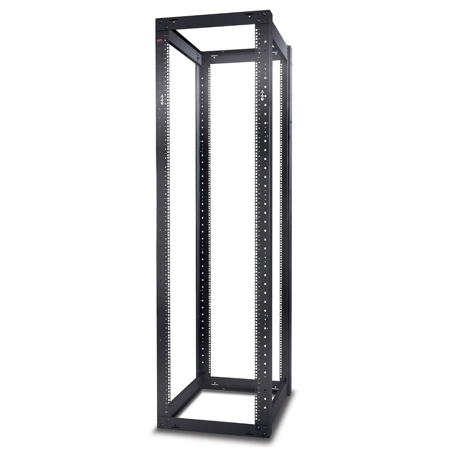 Crni server rack орман od 19 inča s otvorenim okvirom na bijeloj pozadini, prikazan prazan i sastavljen.