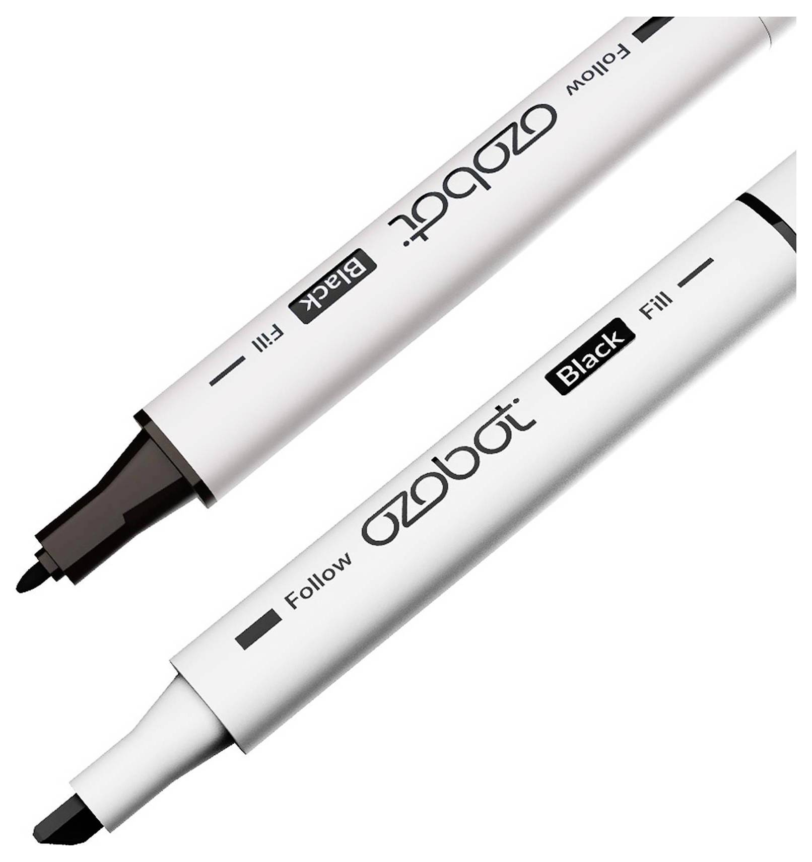 Dva bijela markera Ozobot označena s 'Black Fill' i 'Yellow Fill' s crnim vrhovima, prikazana dijagonalno na običnoj pozadini.