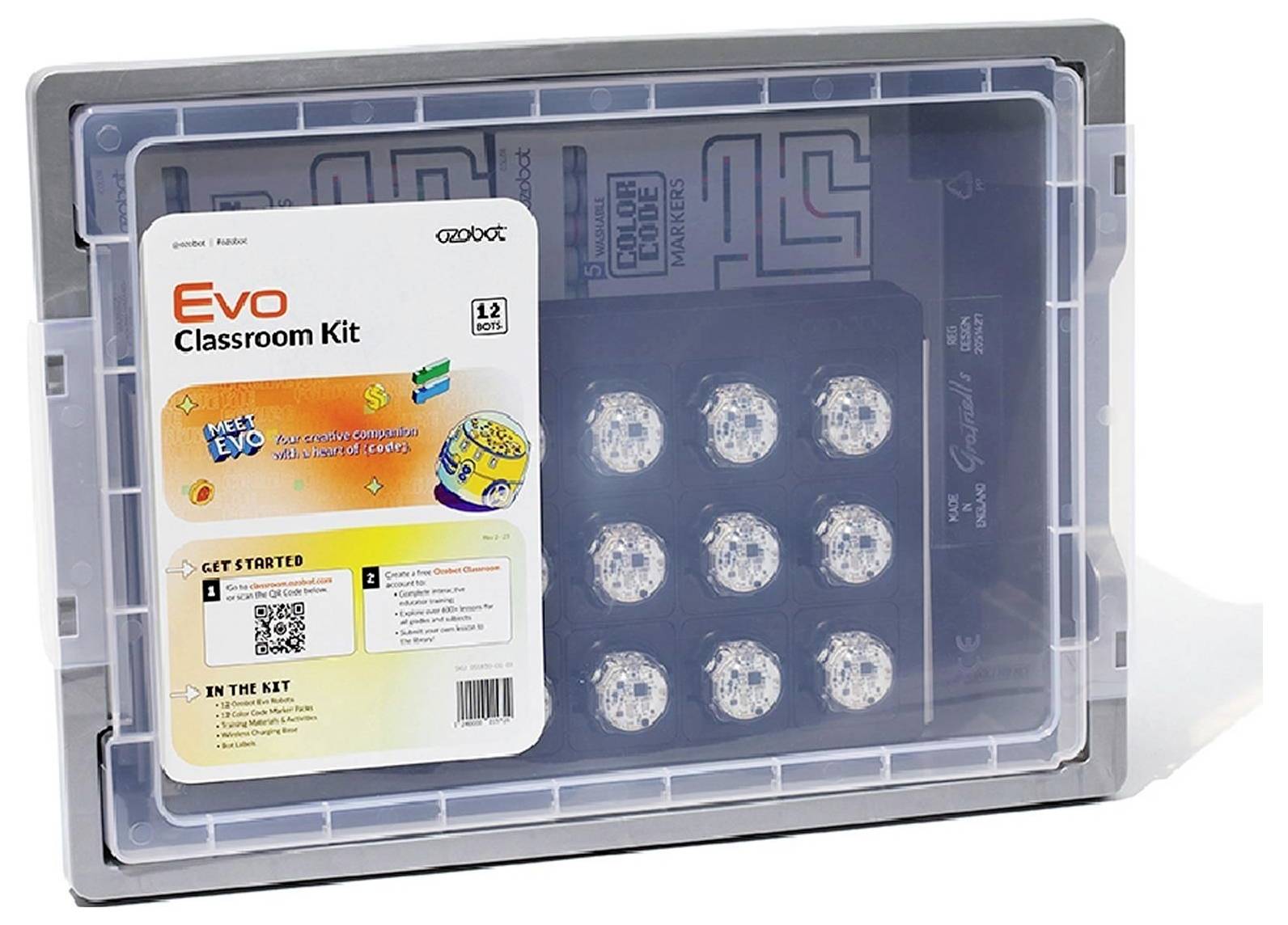 Zatvoreni Sphero 'BOLT' Classroom Kit u plastičnom spremniku za pohranu s etiketiranim vodičem sadržaja i vidljivim malim robot kuglama u unutrašnjosti.