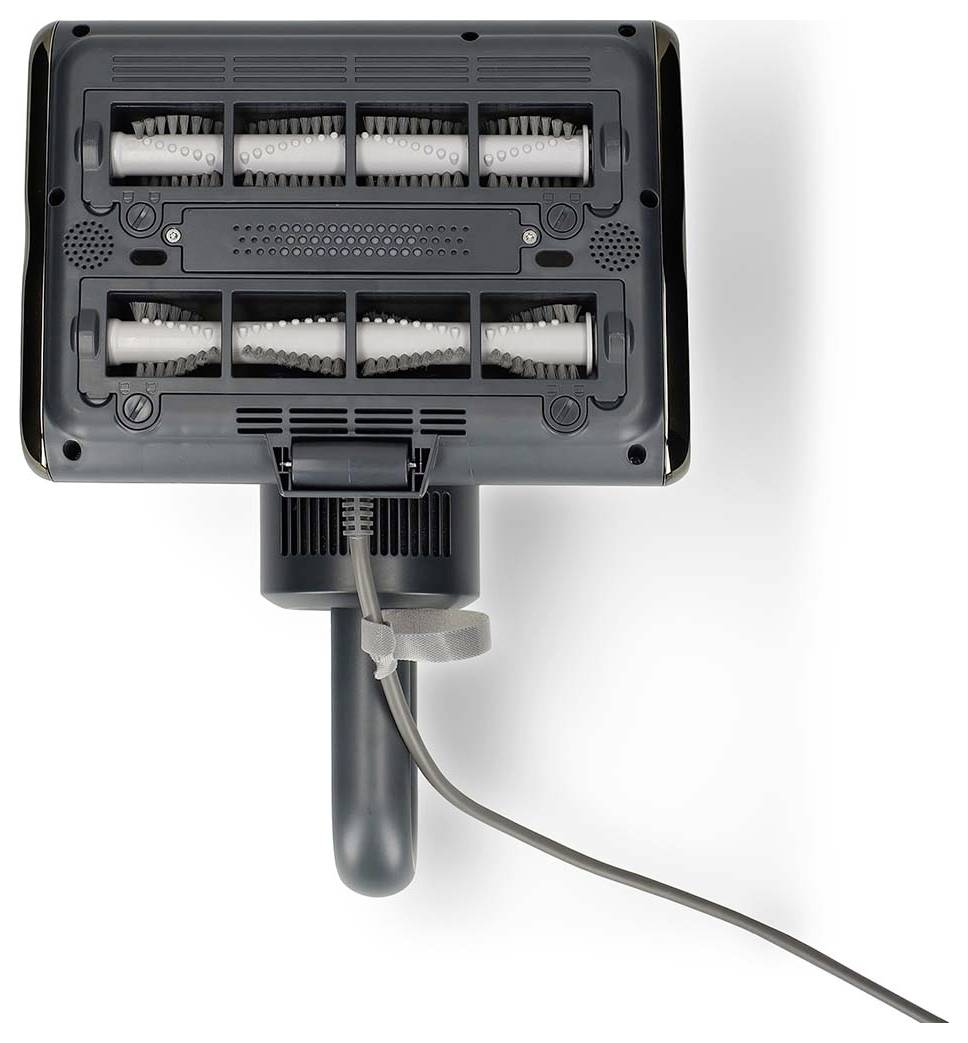 Stražnja strana montiranog električnog uređaja s četiri valjkaste četke, kabel za napajanje visi dolje na bijeloj pozadini.