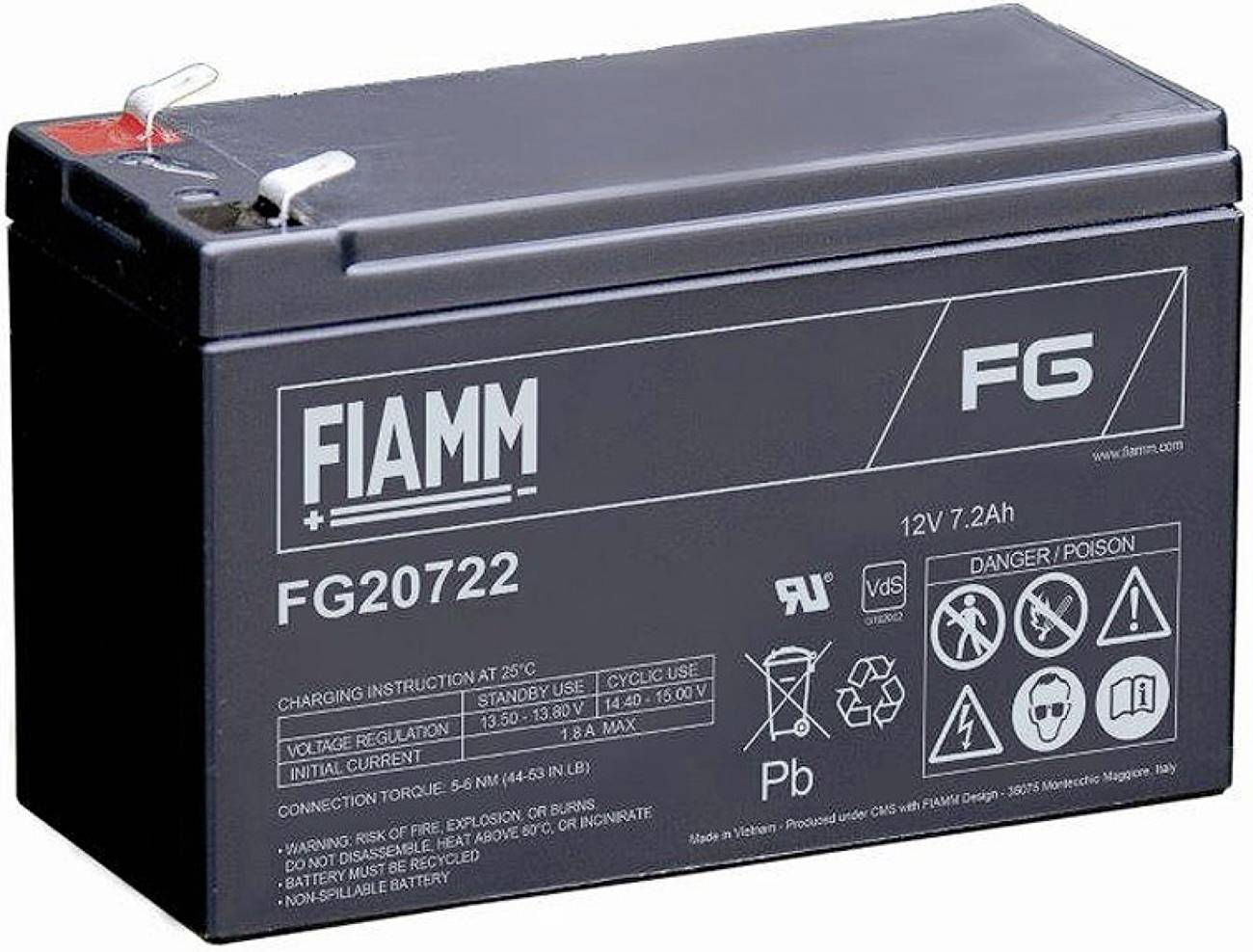 Crna FIAMM FG20722 12V 7.2Ah punjiva baterija s gornjim terminalima i tiskanim sigurnosnim oznakama.
