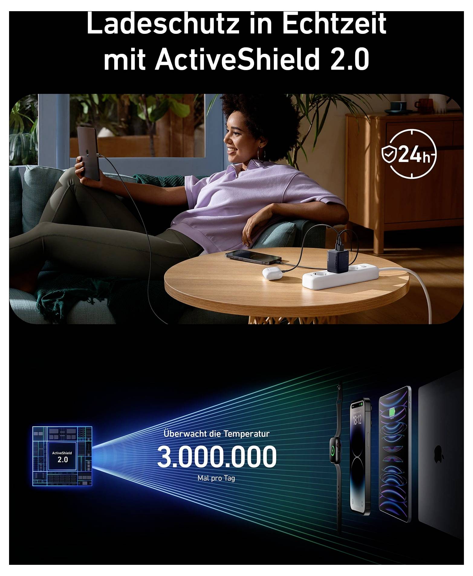 Promocija ActiveShield 2.0 na hrvatskom jeziku s prikazom žene koja se opušta na kauču dok puni telefon, s zaštitom od 24h i grafikom koja navodi praćenje temperature 3.000.000 puta dnevno.