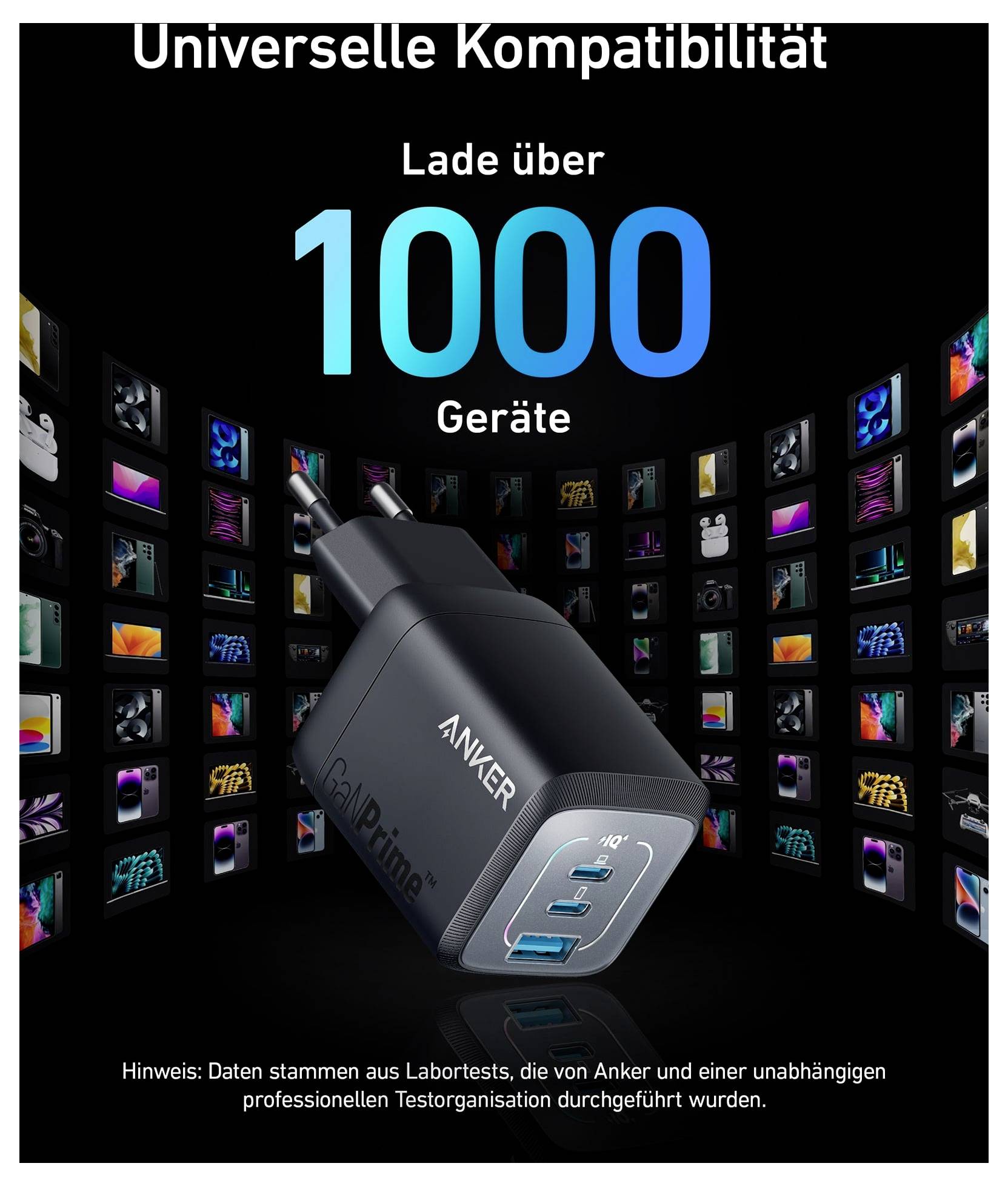 Anker Prime zidni punjač s dva utikača, prikazan s tekstom 'Univerzalna kompatibilnost' i 'Nabija preko 1000 uređaja' na pozadini puno ikona uređaja.