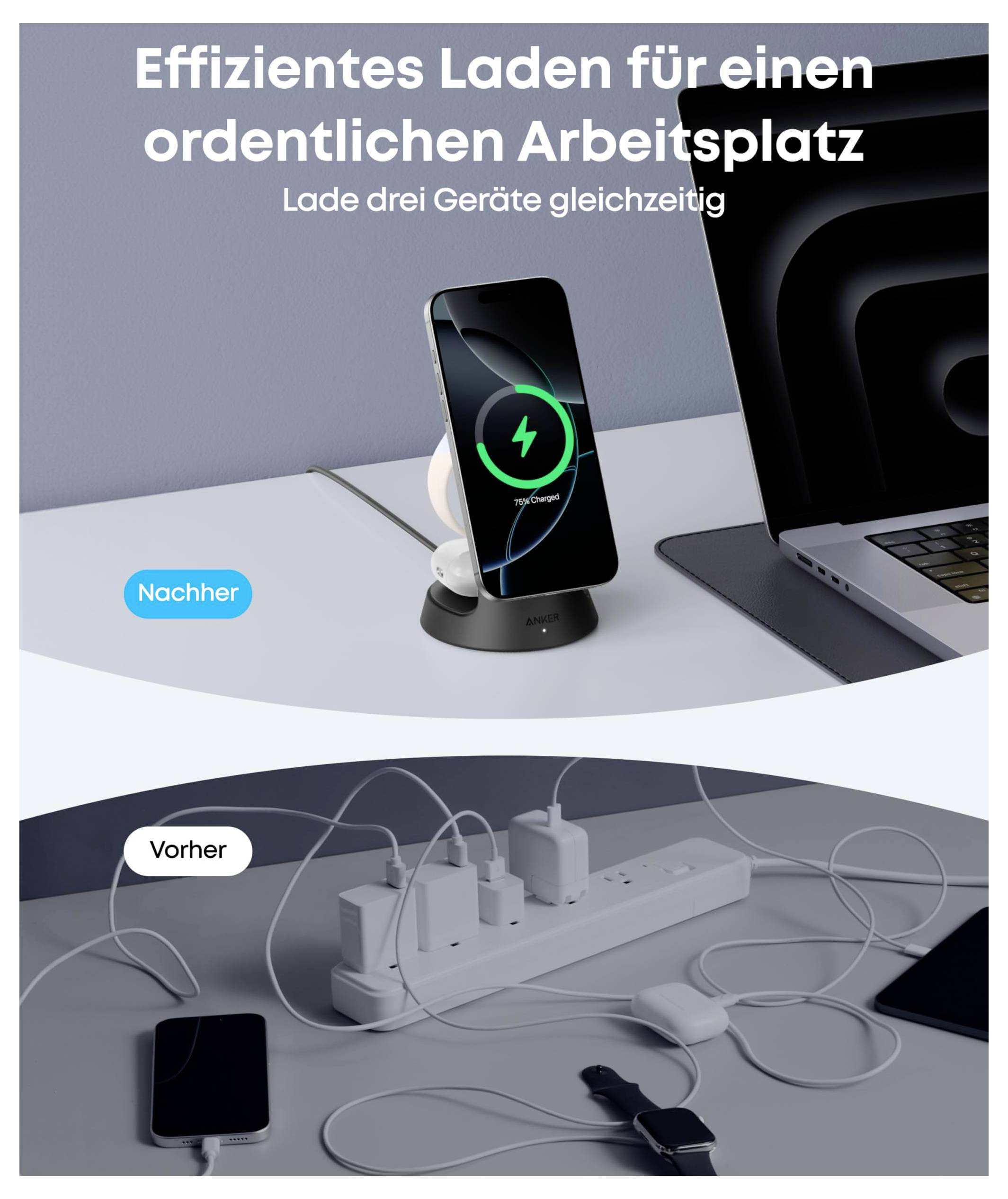 Promocijska slike prije-i-poslije višeuređajne stanice za punjenje: uredan setup označen s 'Poslije' iznad neurednog radnog stola označenog s 'Prije', s njemačkim tekstom 'Učinkovito punjenje za uredan radni prostor' i 'Punite tri uređaja istovremeno'.