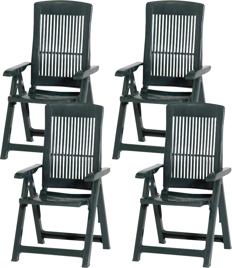 Četiri tamnozelene plastične naslonjače s leđima od letvi i naslonima za ruke, raspoređene u mreži 2x2 na bijeloj pozadini.