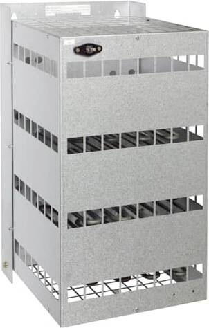 Industrijska metalna krovna HVAC jedinica s lamelastim bočnim ventilacijskim otvorima i ravnim vrhom, prikazana u studijskoj stiliziranoj fotografiji proizvoda.