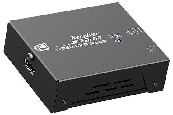 Crna HDMI kutija prijamnika označena sa 'Receiver' i 'Full HD Video Extender' s ikonama ulaza/izlaza na vrhu.