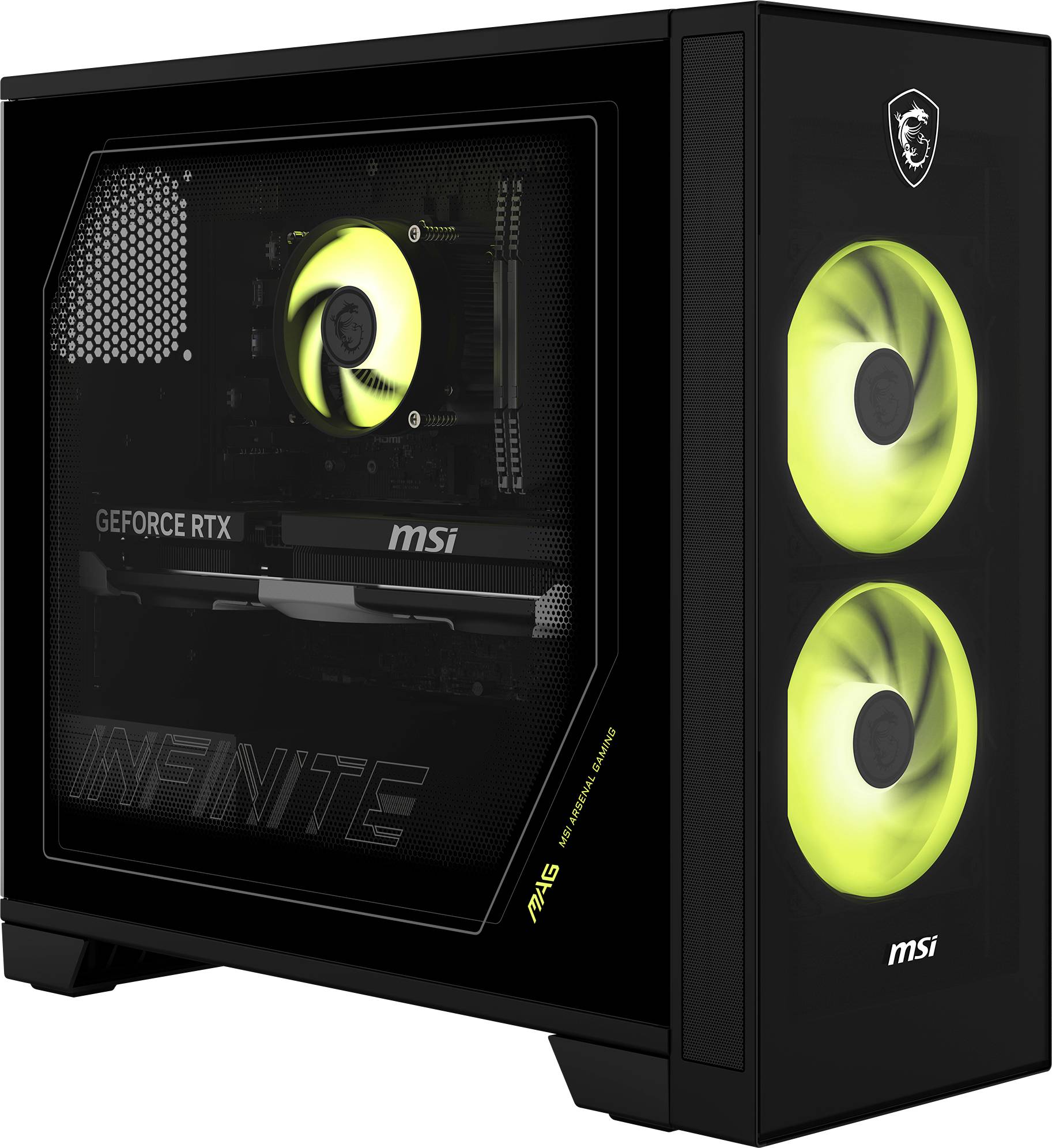 Crni MSI desktop gaming PC toranj sa prozirnim bočnim panelom, RGB hlađenja fans, i vidljive GeForce RTX grafičke kartice iznutra.