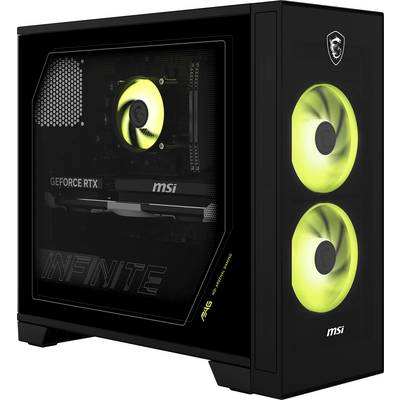 Crni MSI gaming desktop PC desktop računalnik s kaljenim staklenim bočnim panelom, zeleno osvijetljenim ventilatorima i vidljivom GeForce RTX grafičkom karticom.