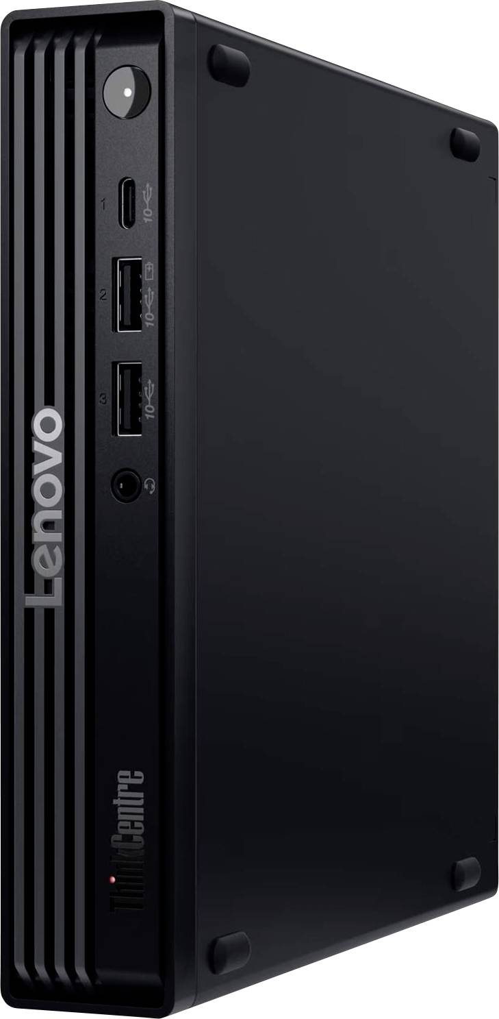 Crni stolni računalnik Lenovo ThinkCentre mini prikazan s prednje lijeve strane, sa vidljivim gumbom za uključivanje, USB portovima i audio priključkom.