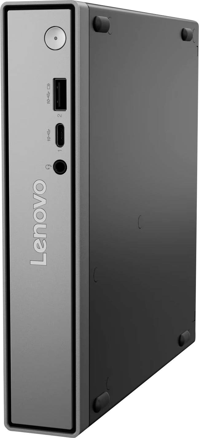 Kompaktan Lenovo mini PC prikazan u profilu, sa vidljivim gumbom za napajanje na prednjoj strani, USB priključkom, USB-C priključkom i priključkom za slušalice.