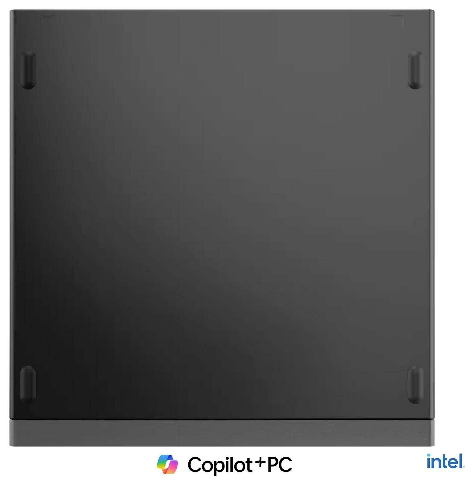 Prednji pogled na crni poklopac laptopa Copilot+ PC s Intel znakom ispod njega