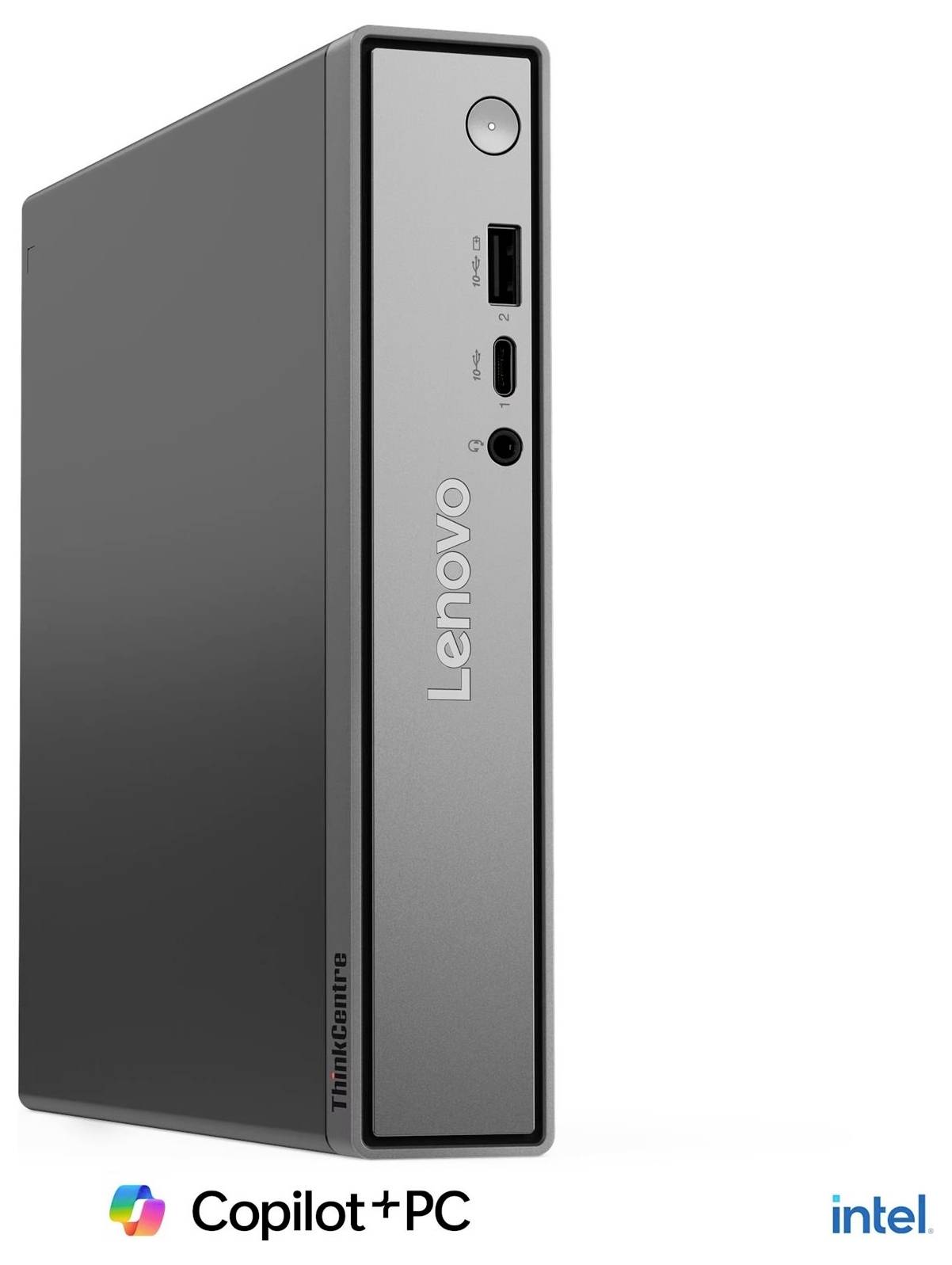Lenovo ThinkCentre mini desktop kućište s prednjim USB i audio priključcima, prikazano sa Copilot+ PC i Intel logotipima.