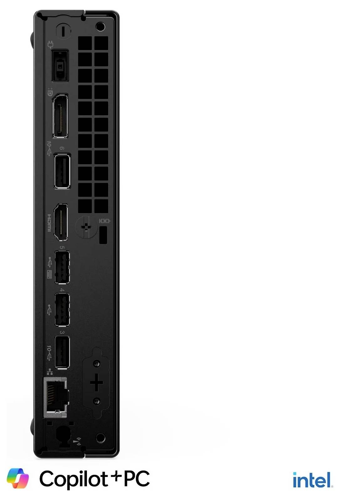 Frontalni pogled crnog Copilot+ PC mini stolnog računala s naslaganim priključcima, uključujući HDMI, USB-C, USB-A i Ethernet, s logotipima Copilot+ PC i Intela ispod.