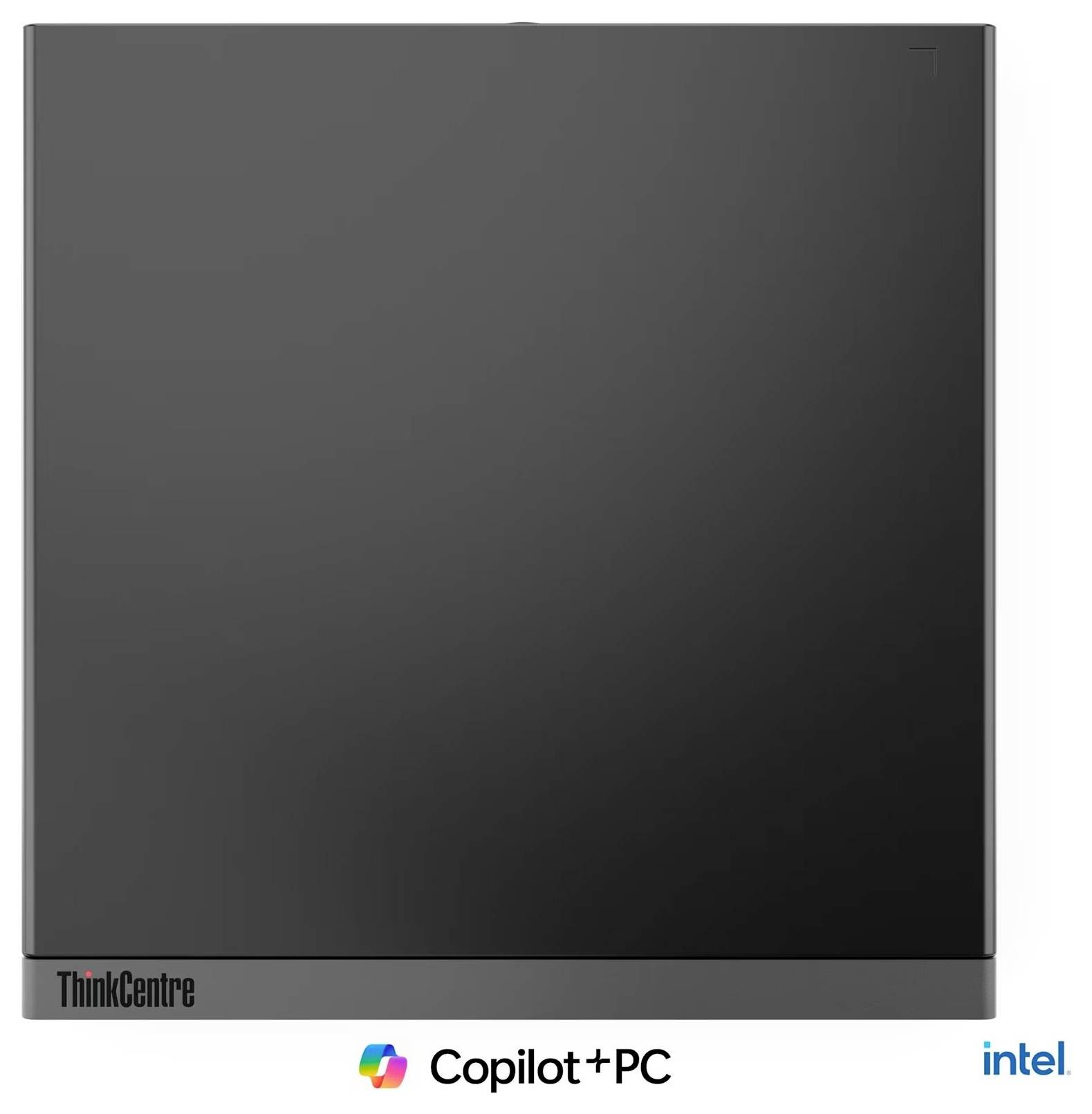 Frontalni prikaz Lenovo ThinkCentre desktop tornja s logotipima Copilot+ PC i Intel ispod.