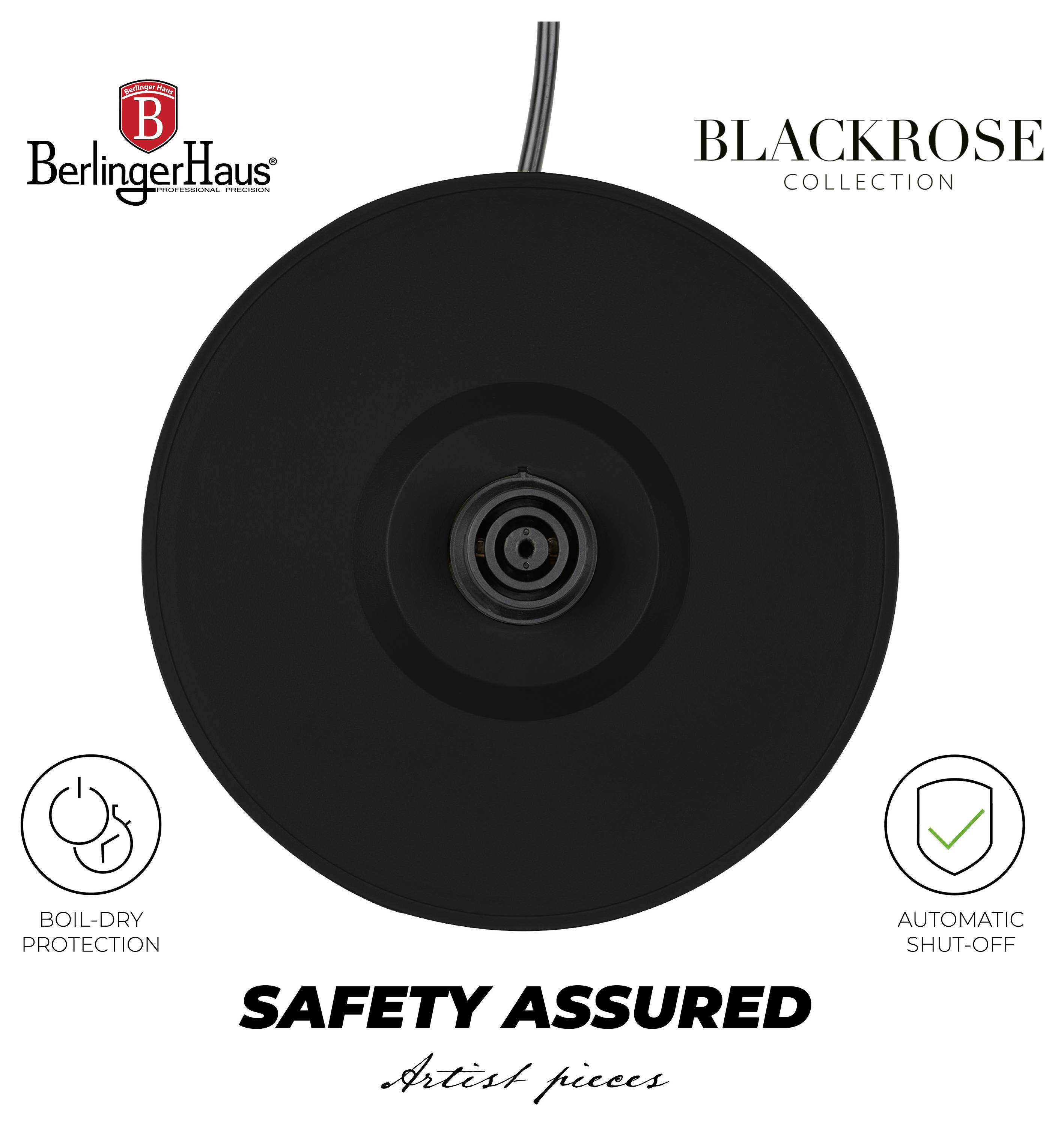 Crna okrugla električna ploča za grijanje iz kolekcije BerlingerHaus Black Rose, sa zaštitom od pregorijevanja, automatskim isključivanjem i tekstom 'SIGURNOST OSIGURANA'.
