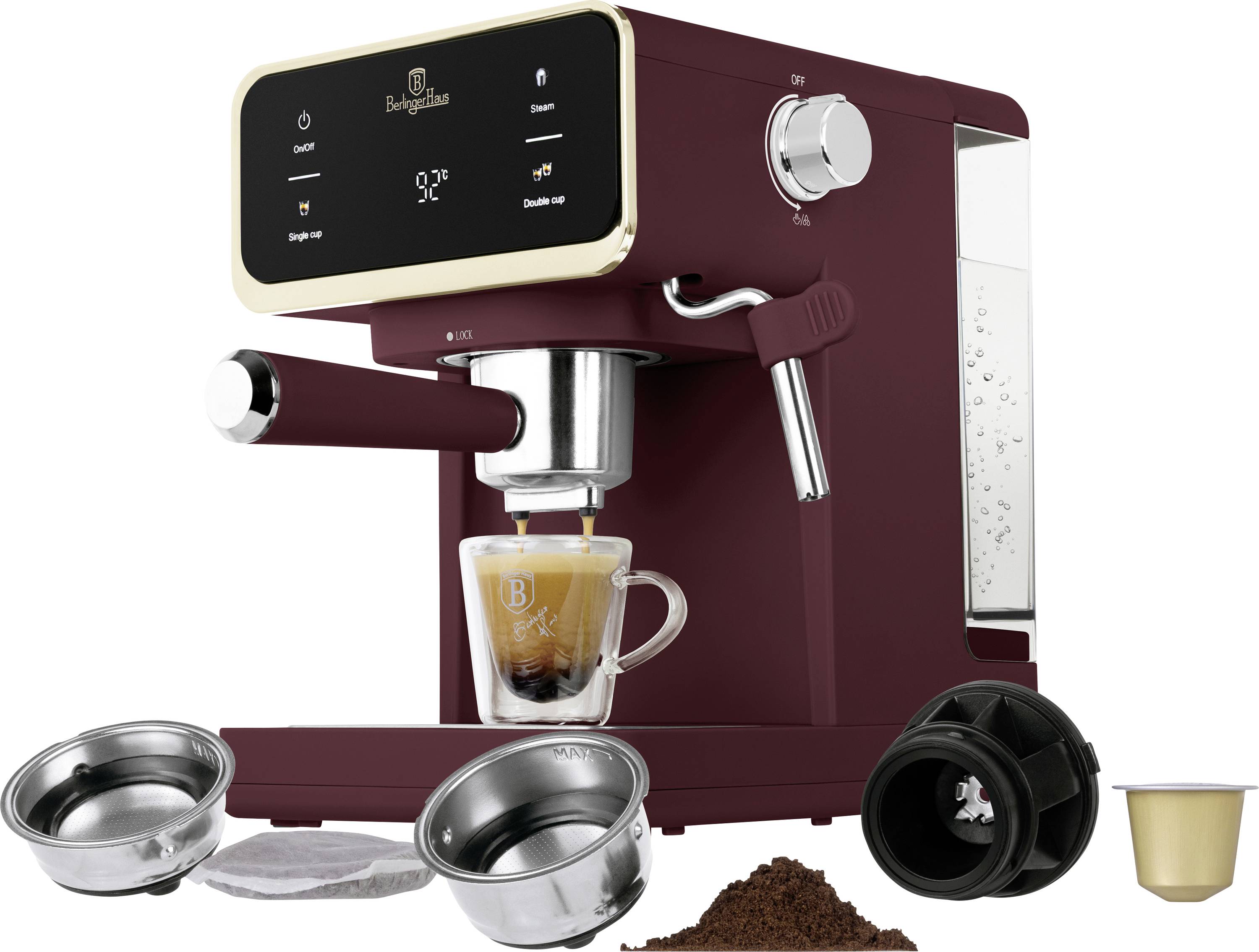 BerlingerHaus Espressomachine Bordeaux 950 W E.S.E. pad compatible, Display, Met kopverwarmer