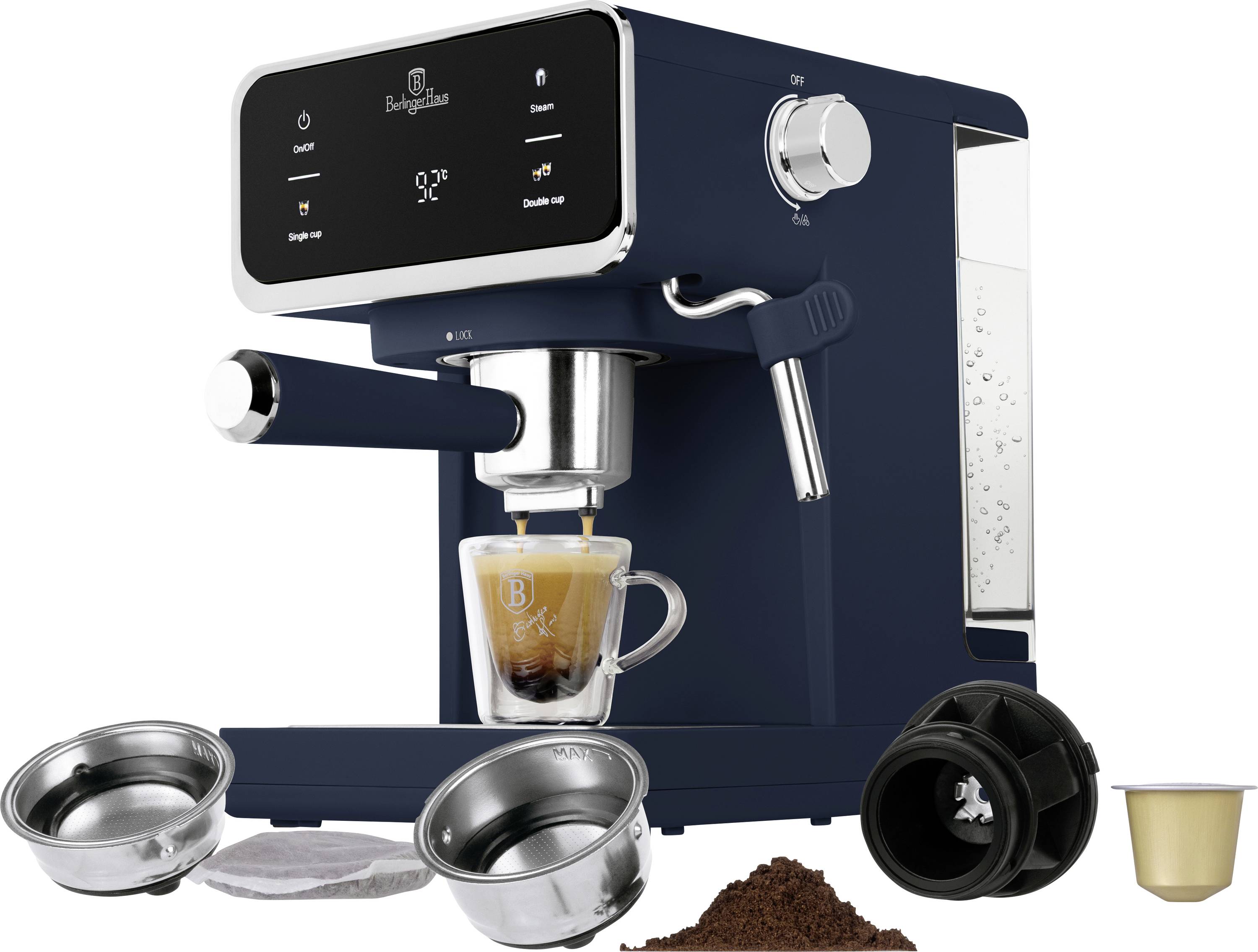 BerlingerHaus Espressomachine Donkerblauw (mat) 950 W E.S.E. pad compatible, Display, Met kopverwarmer