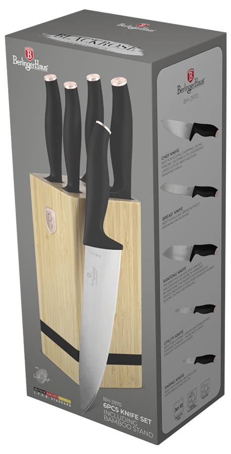 Bergner set od 6 noževa s crnim noževa u stalku od bambusa.