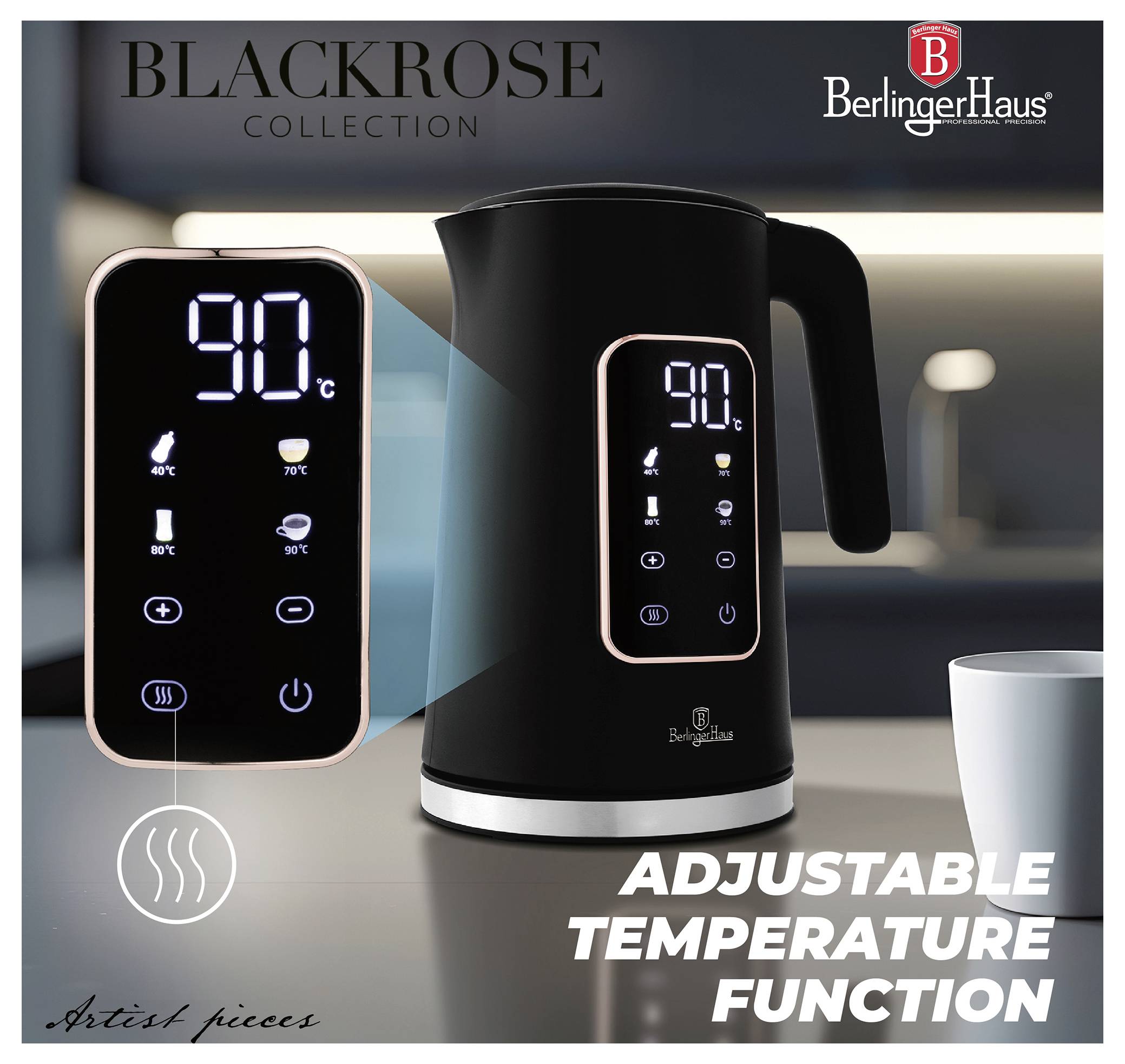 Crna električna čajnika s digitalnim dodirnim zaslonom koji prikazuje 90°C, oglašavajući 'Funkciju Prilagodljive Temperature' iz BerlingerHaus BlackRose Kolekcije.