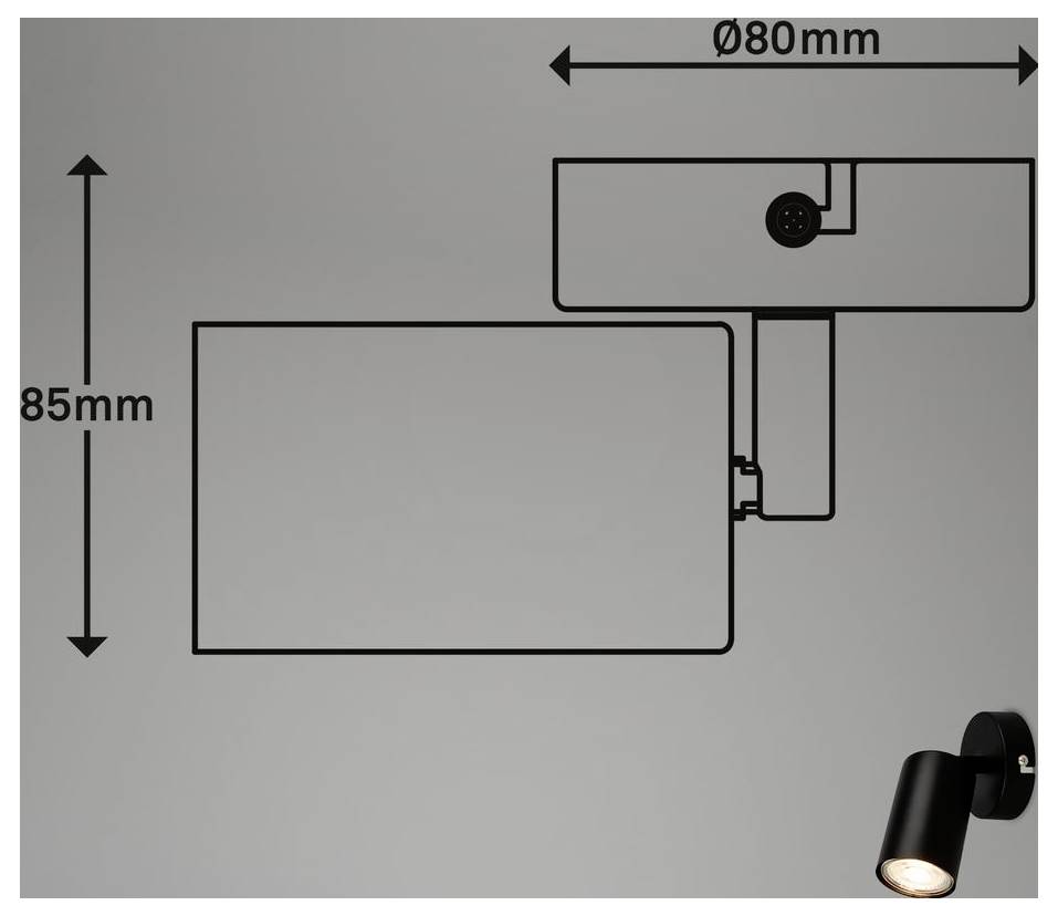 Dijagram zidne lampe s dimenzijama od 80 mm širine i 85 mm visine, s priborom reflektora pričvršćenim na donjoj desnoj strani.