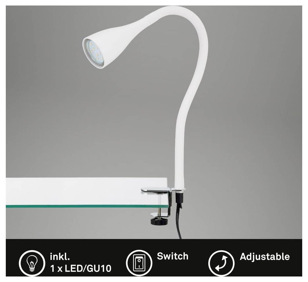 Bijela lampa na stezaljku za stol s fleksibilnim zglobnim vratom i LED glavom; donje oznake glase 'inkl. 1 x LED/GU10', 'Prekidač' i 'Podesiva'.